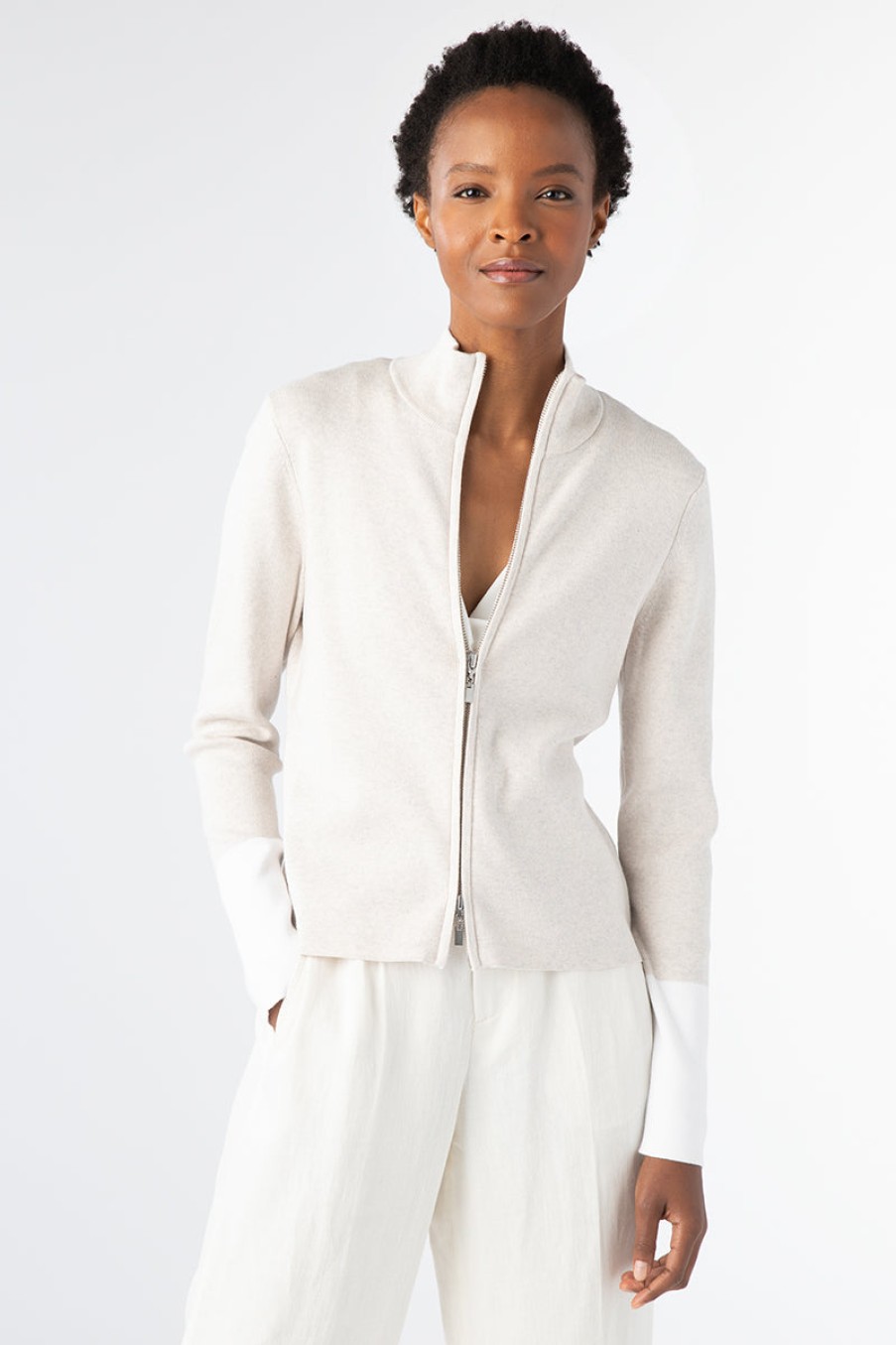 Kinross Cashmere Cardigan Effetto Finto Con Zip E Finiture A Contrasto - Champagne/Bianco Giacche