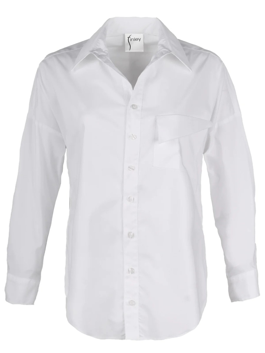 Finley Camicia Boyfriend Big Boy Popeline Setoso Tinta Unita Bianco Cime