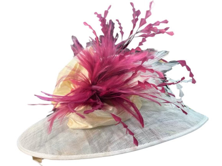 Cappelli di Katie Paglia Sinamay Crema Con Piume Malva Accessori