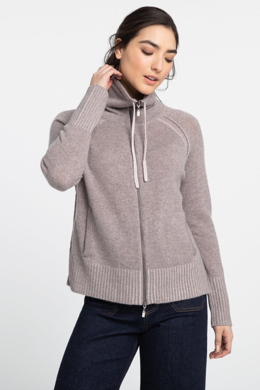 Kinross Cashmere Cardigan Con Zip A Imbuto Intrecciato - Seal/Dune Giacche