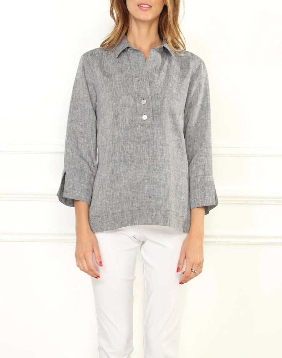 Hinson Wu Top In Lino Aileen Luxe Con Maniche A 3/4 - Grigio Cime