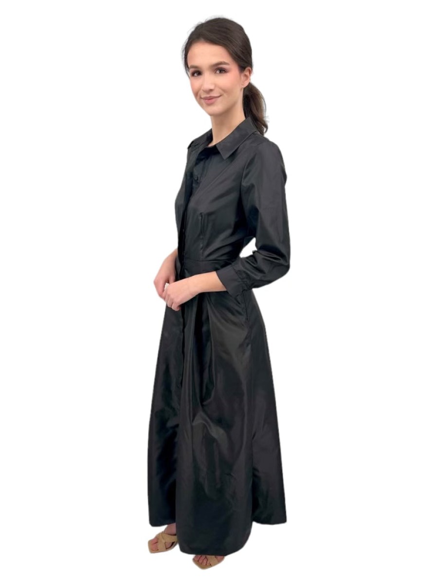 Bigio Abito Lungo Chemisier In Taffeta Nero Vestiti