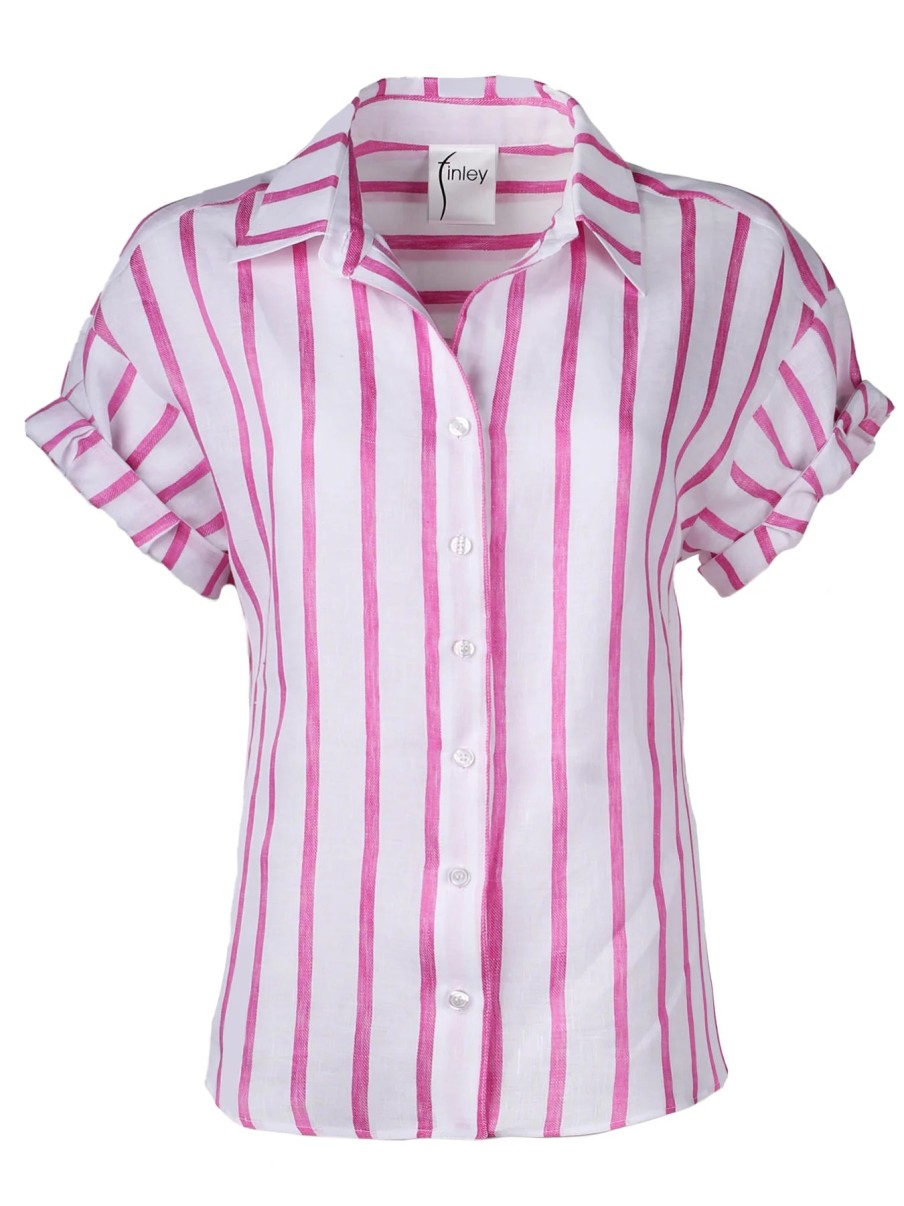 Finley Camicia Da Campo Con Maniche Arrotolate A Righe Vivaci In Bianco/Rosa Cime