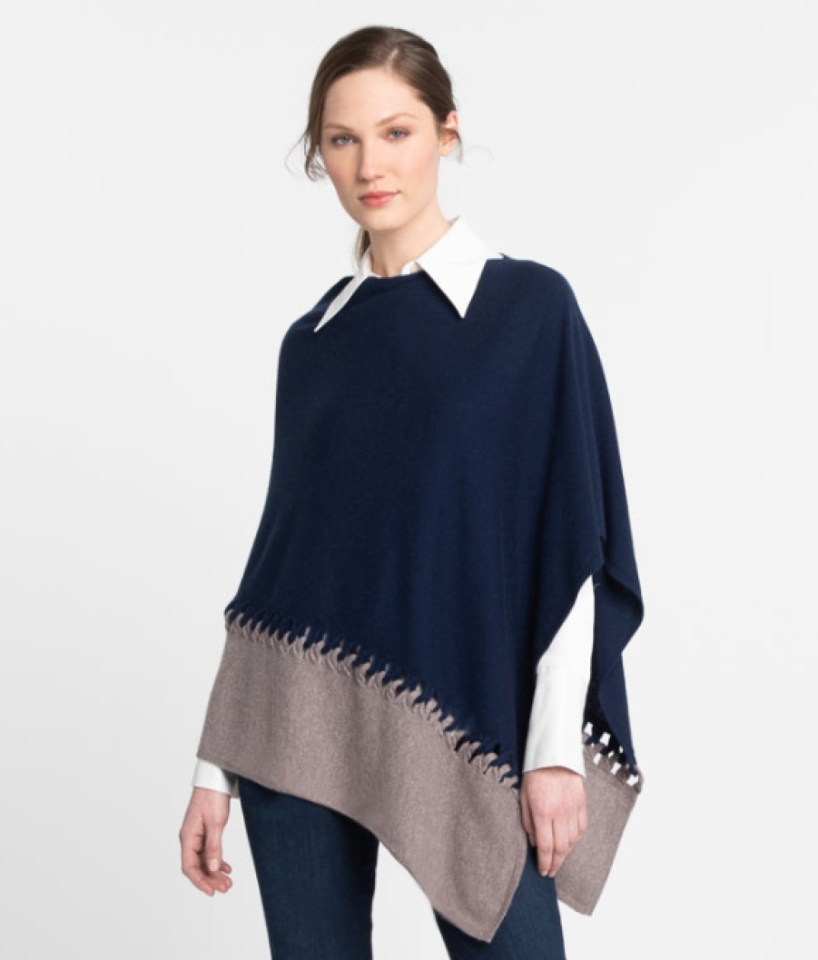 Kinross Cashmere Poncho Con Punto Twist In Blu Navy/Sigillo Cime