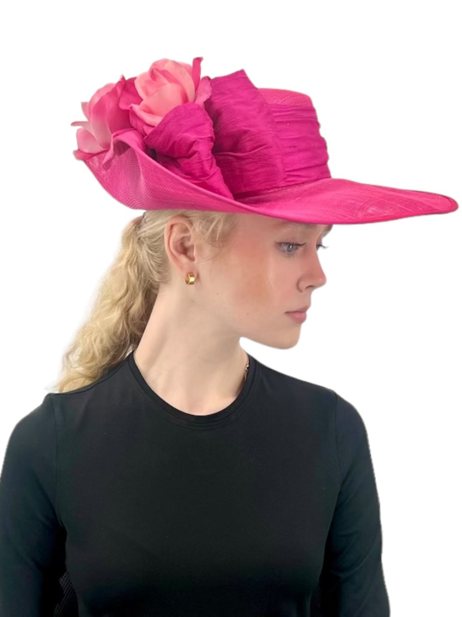 Cappelli di Katie Cappello Di Paglia Sinamay Con Risvolto Rosa Caldo Accessori