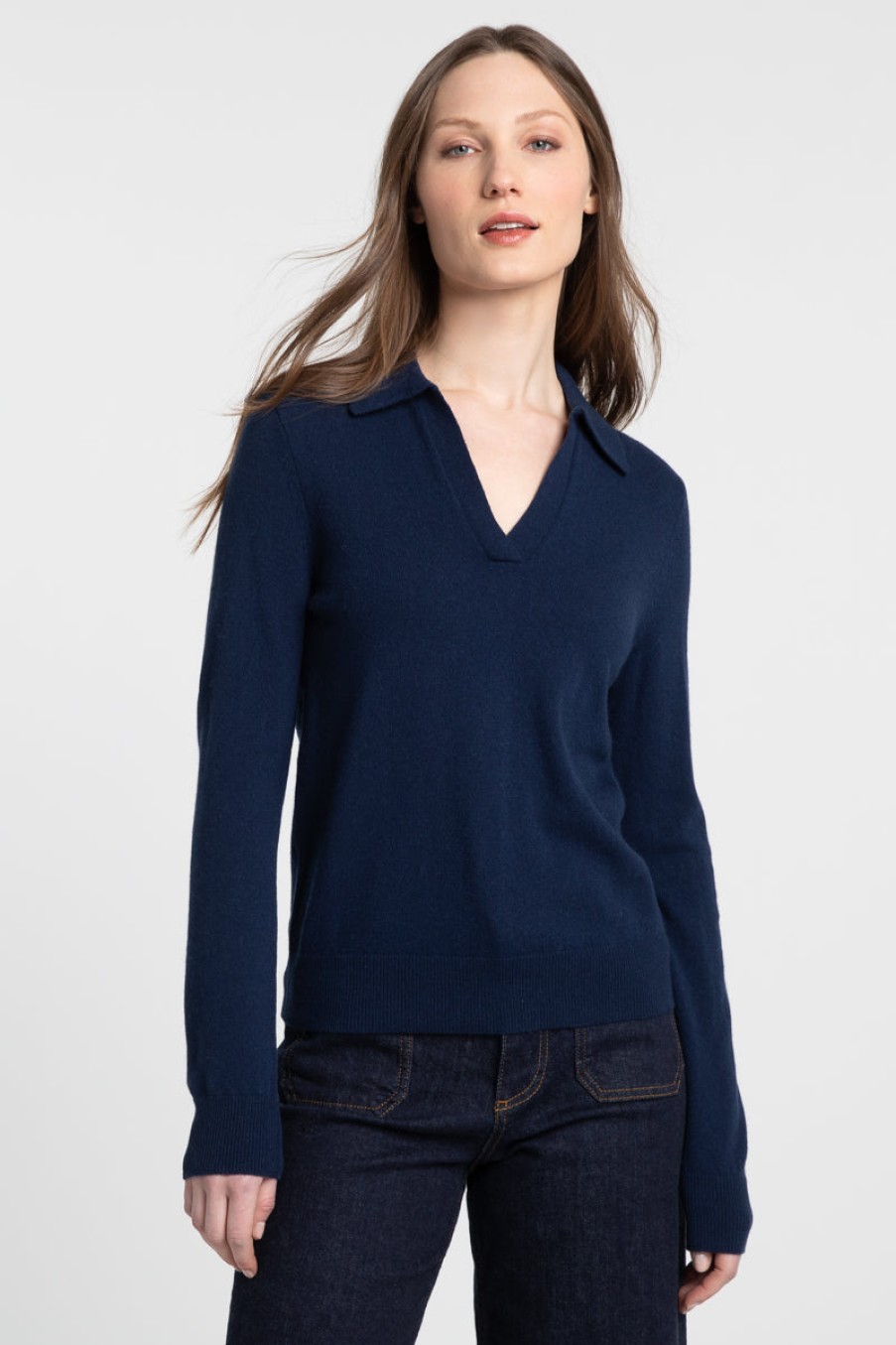 Kinross Cashmere Polo Con Collo Diviso - Blu Marino Cime