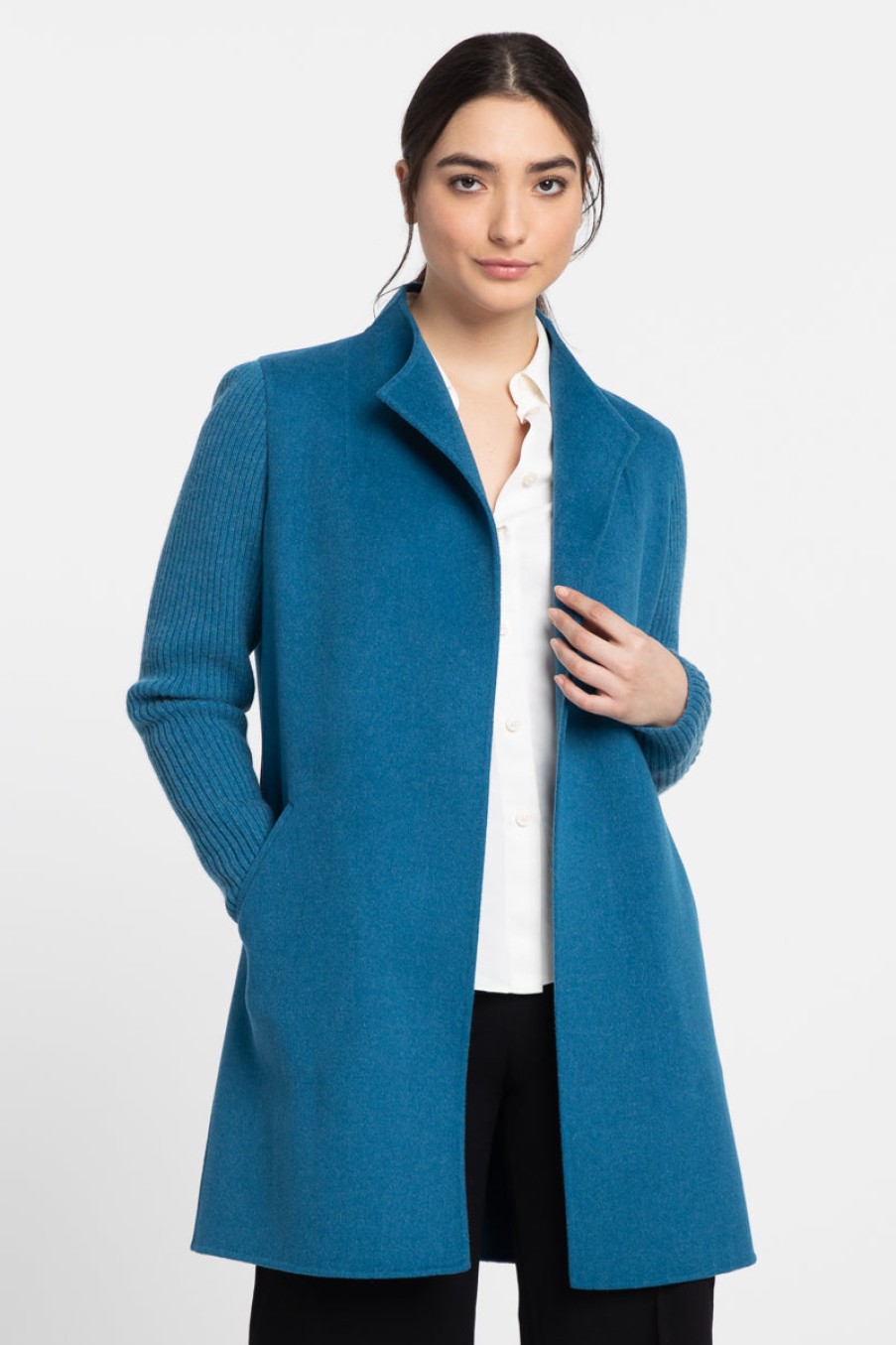 Kinross Cashmere Cappotto Con Maniche A Coste Color Oceano Giacche